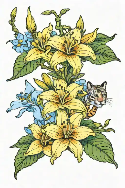 Pawpaw Tree Flower On Branch With Stems Of Forget Me Nots Flowers And One Tiger Lily