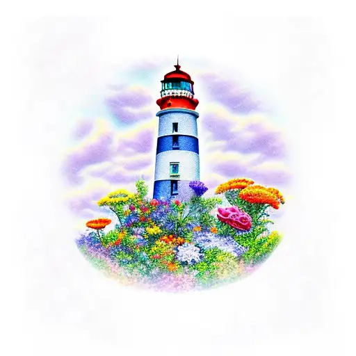 A Majestic Lighthouse Surrounded By A Vibrant Garden Of Flowers
