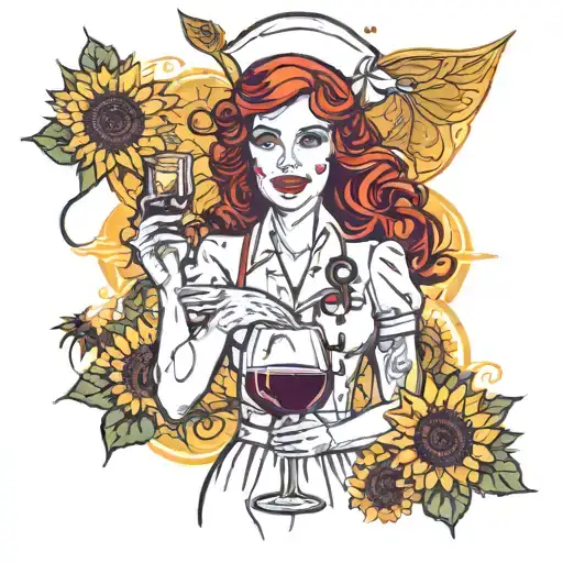 Redhead Nurse With Glass Of Wine And Sunflower