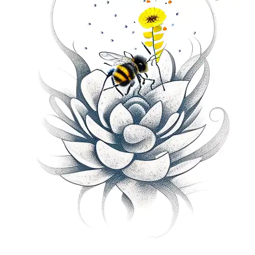 A New-school Tattoo Of A Bee Pollinating A Vibrant And Exotic Plant