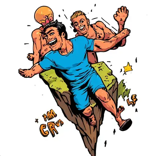 1 Cartoon Falling Off A Cliff And Another Cartoon Saving Him