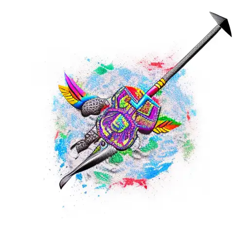 A Vibrant Realistic Tattoo Of A Tomahawk Surrounded By Colorful Feathers And A Turtle Emblem