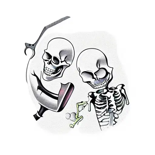 A Funny Tattoo Of A Ghost Barber Giving A Skeleton A Hilarious Haircut