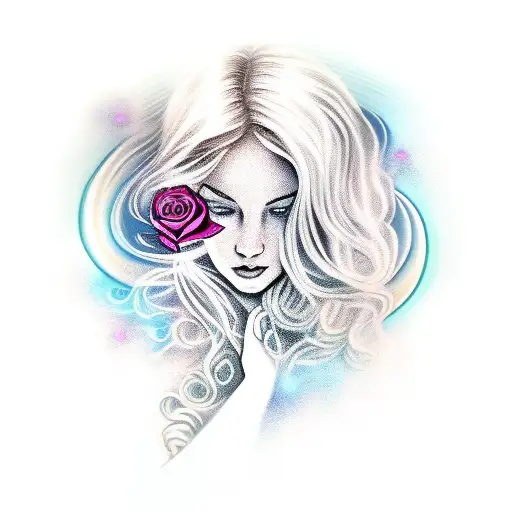 Aphrodite With Rose In Hair And Swirling Clouds And Stars Behind