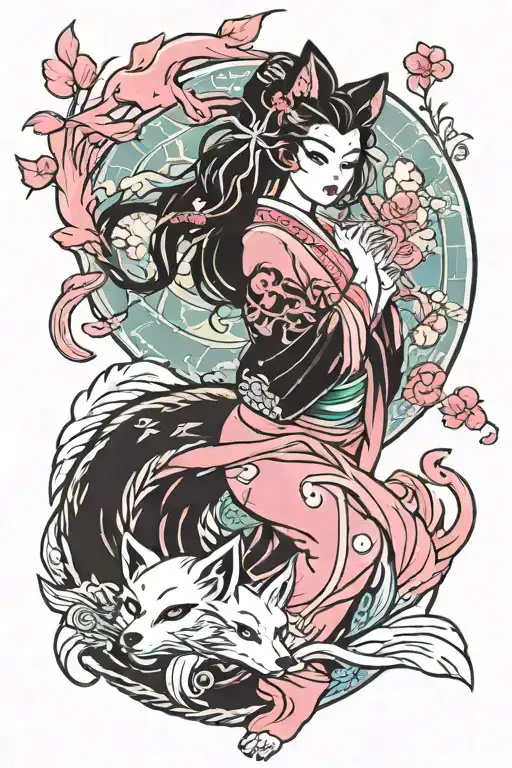 Sexy Geisha And Pink Nine Tailed Fox