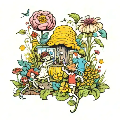 A Whimsical Garden Scene With Children Playing Among Oversized Flowers