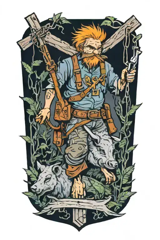 Man With Orange Hair And Blistered Face Riding Collared Peccary On A Crucifix With A Gun In Jungle