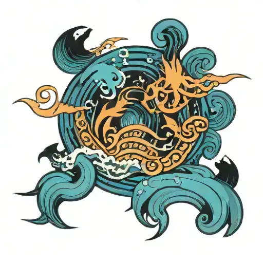 An Intricate Design Incorporating Ocean Waves And Motivational Quotes In Runic Script