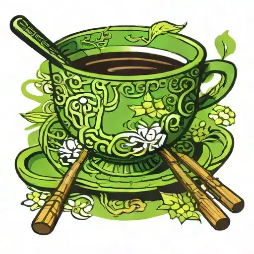Japanese Green Tea Cup With Chopsticks And Beautiful Kitchen Knive