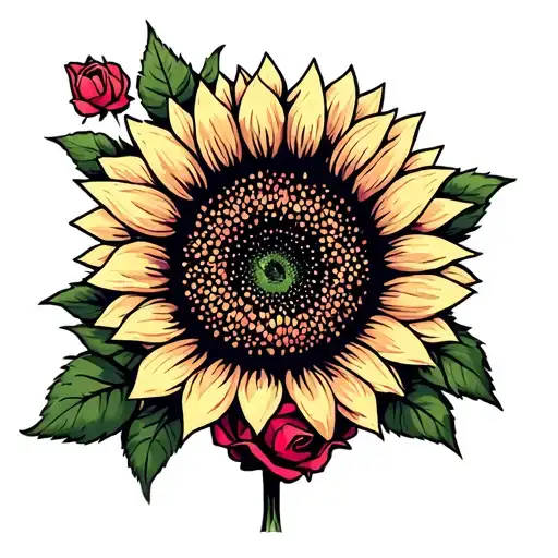 Cartoon Sunflower And Roses Intertwined