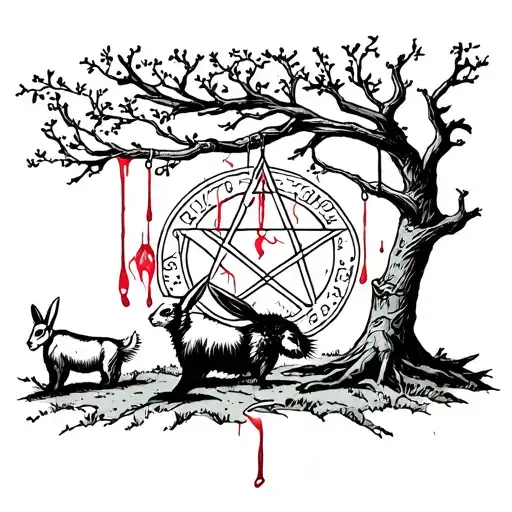 A Rabbit Hanging From A Tree With A Goat Drawing A Pentagram With The Rabbit's Blood