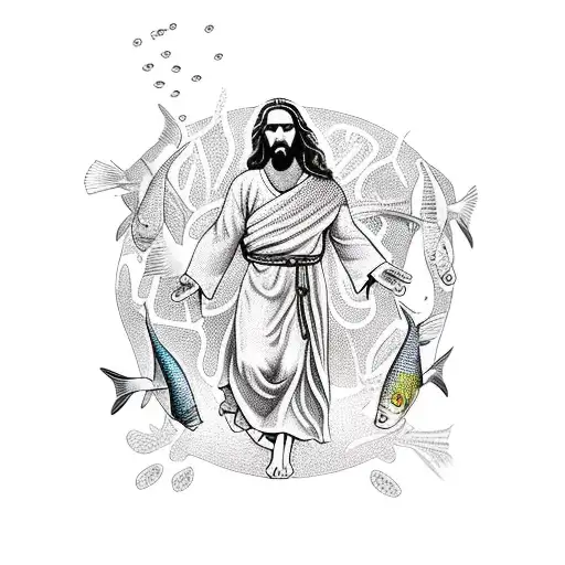 An Intricate Design Of Jesus Walking On Water Surrounded By Fish
