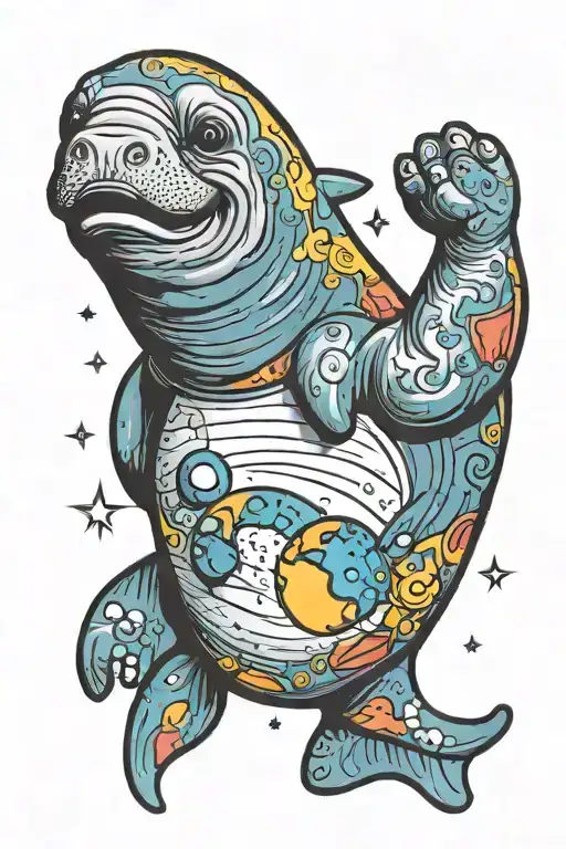 Ccartoon Manatee Waving With Space Themed