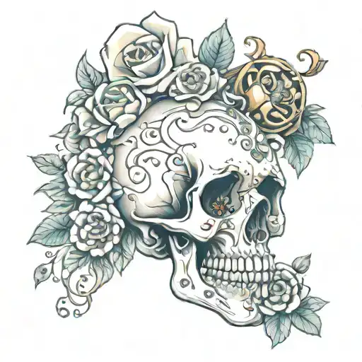 Skull With Flowers And Jewels Intertwined