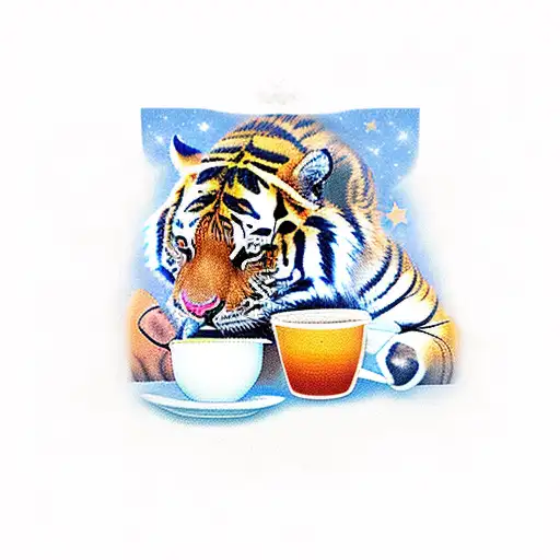 A Tiger Drinking A Cup Of Coffee Under A Starry Sky