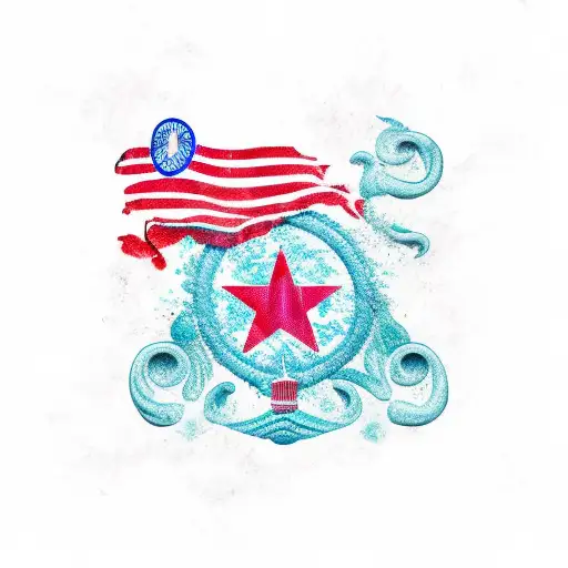 Puerto Rico Flag With Ocean And Taino Symbols With Morro