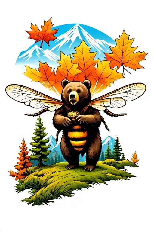 Bear And Honey Bee With Colorado Mountains And Vermont Sugar Maple Tree