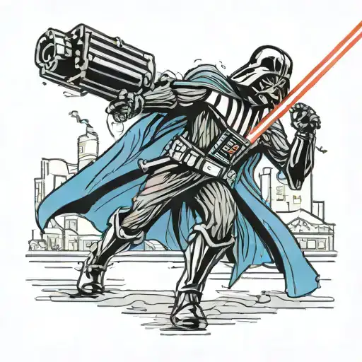 Darth Vader Holding A Lightsaber With A Toy Store In The Background