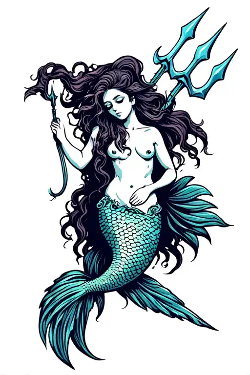 Nude Mermaid With Trident Intertwined