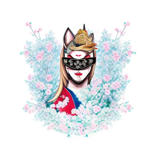 Lady Warrior With Kitsune Mask And Cherry Blossom