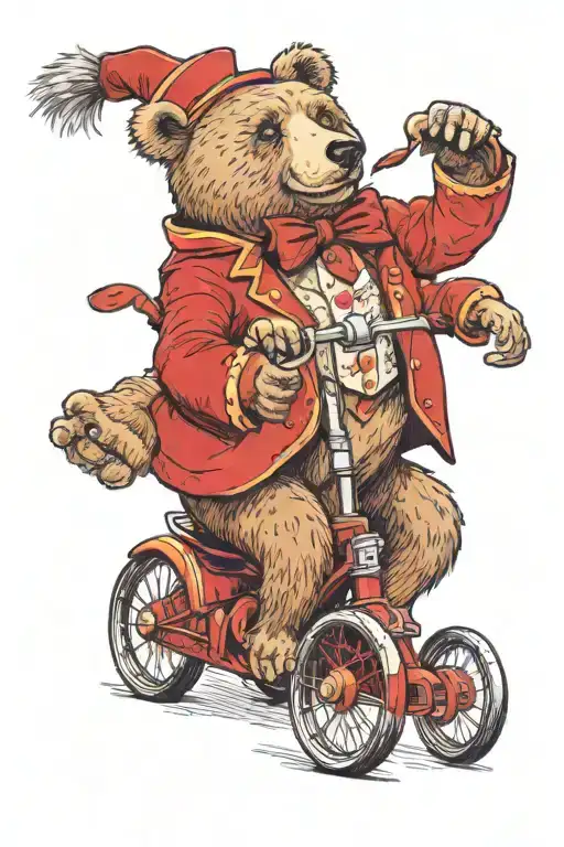 Circus Bear Riding A Small Tricycle Wearing A Red Fez And Red Waistcoat