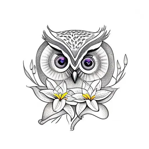 Owl With Lillys And Dahlias