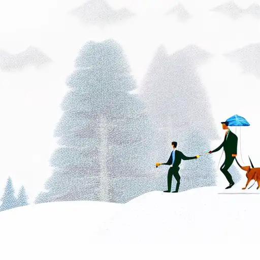 A Business Man Hiking Up A Mountain With A Dog By His Side