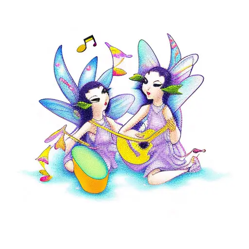 Fairies Playing Musical Instruments In Front Of A Waterfall