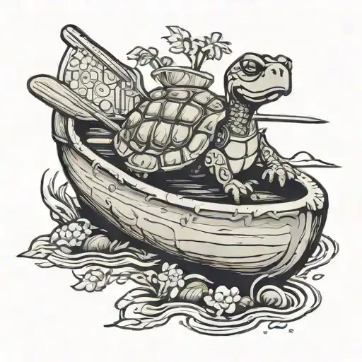 Turtle Paddling On A Canoe