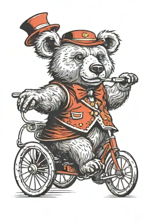 Circus Bear Riding A Small Tricycle Wearing A Red Fez And Red Waistcoat