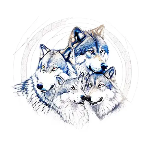 A Protective Father Wolf Watching Over His Two Wolf Cubs In A Moonlit Forest