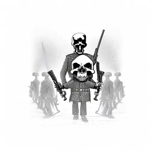 Grim Reaper In Military Uniform Leading An Army Of Skull Soldiers