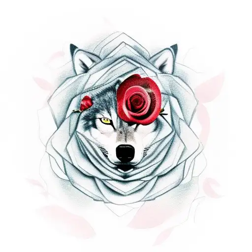 Half Woman Half Wolf Face With Red Roses And Hidden Word 'Red'