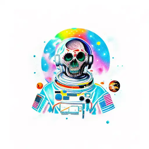 A New School Style Tattoo Of A Zombie Astronaut Exploring A Colorful Mountain Range In Space