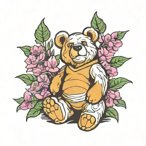 Honey Bear Standing Next To Bougainvillea Flowers