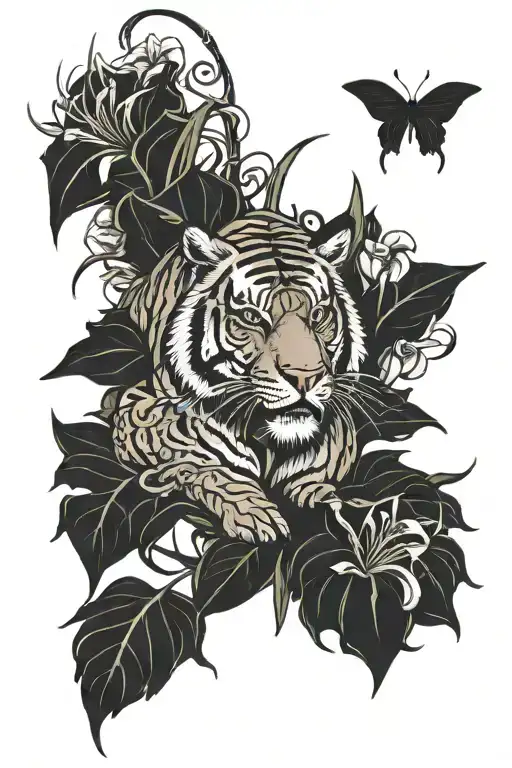 Strong Full Body Tiger Surrounded By Rough Looking Spider Lillies