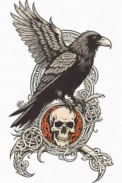 Crow With Viking Skull And Runes Engraved