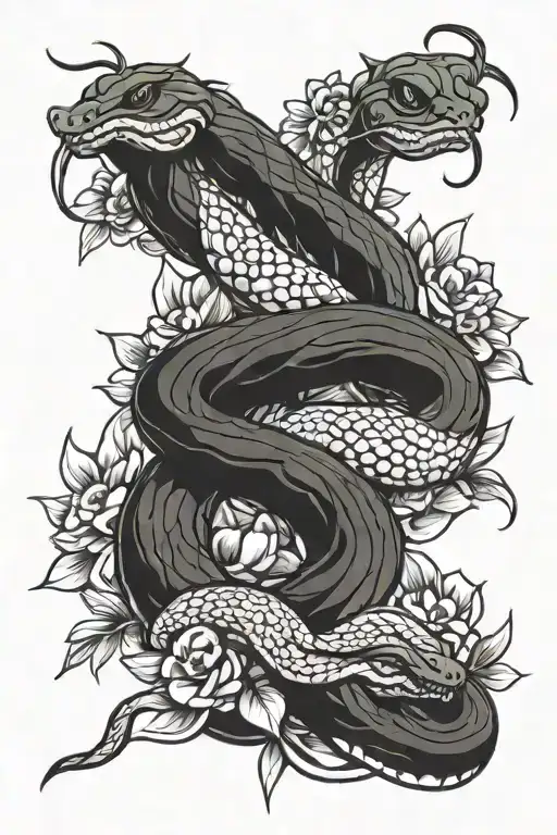 Two Snakes Intertwined Down A Solid Line And Flowers