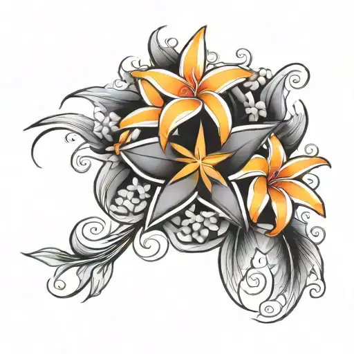 Black Hollow Star Surrounded By Orange Plumeria Flowers
