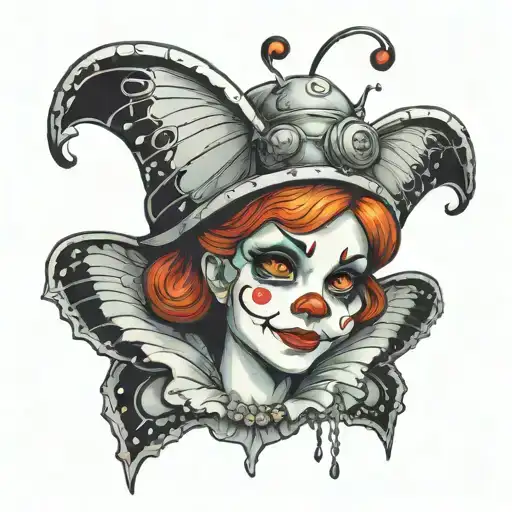 Sad And Happy Clown Girl Inside A Moth Flying