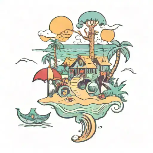 A Trippy Scenery Tattoo Of A Beach Scene With Hidden Symbols Representing Inner Demons And Family