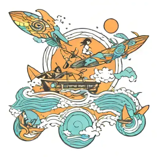 A Psychedelic Beach Scene With Friends Flying In Waves Made Of Trippy Patterns