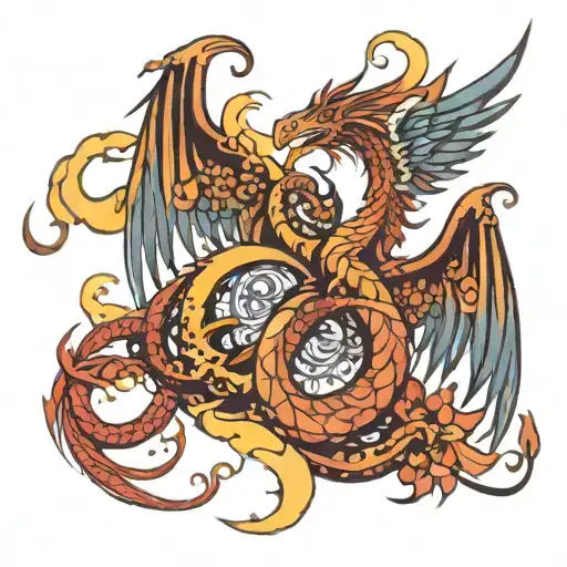 A Phoenix And Dragon Intertwined In A Musical Composition