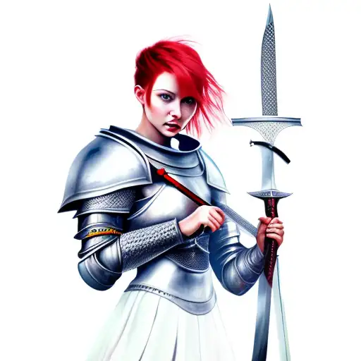 Female Knight With Red Hair Holding Sword Peaceful Expression