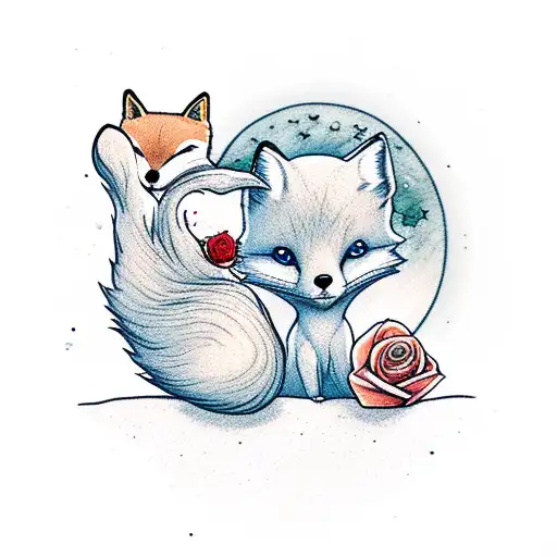 The Little Prince And His Fox Sitting On The Moon Witha Rose