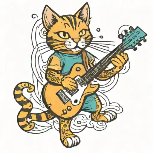 A New-school Style Tattoo Of A Cat Playing A Guitar With Blink-182 Lyrics As The Background