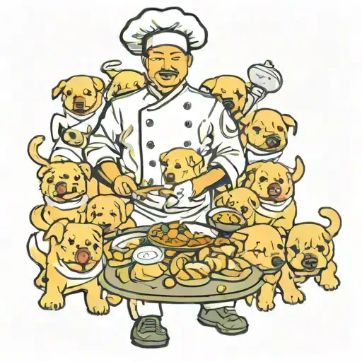 Chinese Chef Surrounded By Delicious Puppies