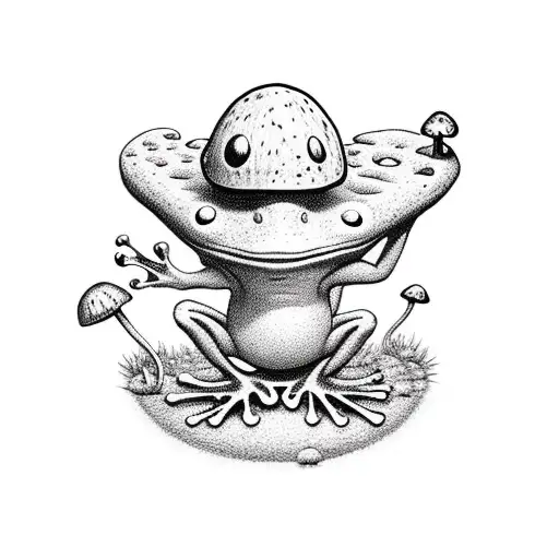 Frog With A Mushroom Hat Jumping From The Earth