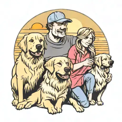 Family With One Daughter And A Golden Retriever Looking To Sunset