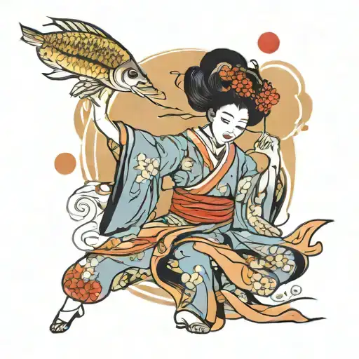 A Geisha Performing A Fierce Dance With A Background Of Traditional Japanese Symbols Of Love